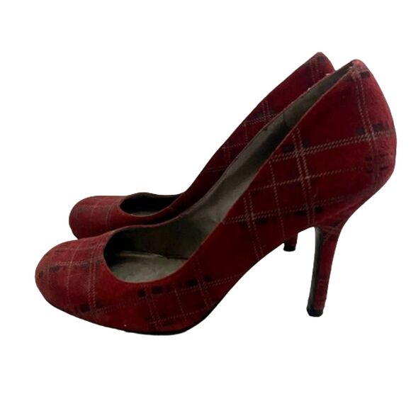 Jessica Simpson Y2K Red Plaid Pumps Round Toe Fabric Heels Size 9.5 - Picture 3 of 6